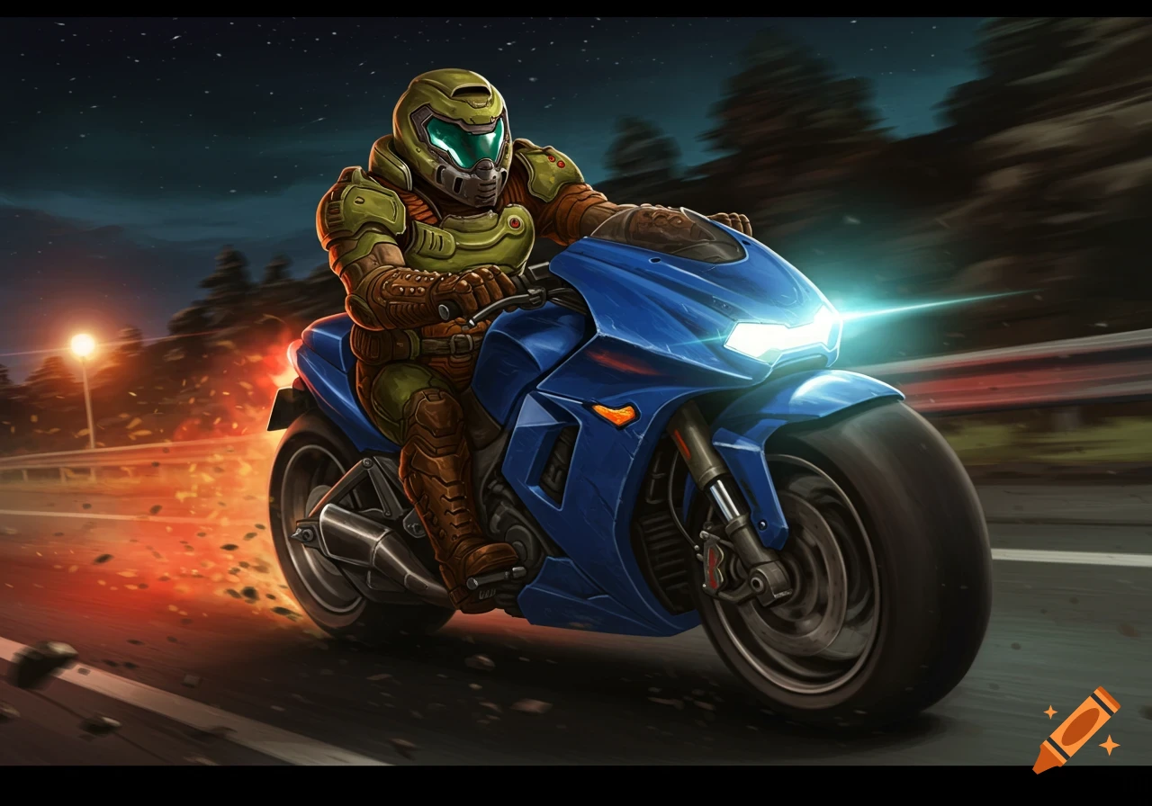 The Doom Slayer, in his green armor, rides a sleek blue motorcycle at night on a highway.