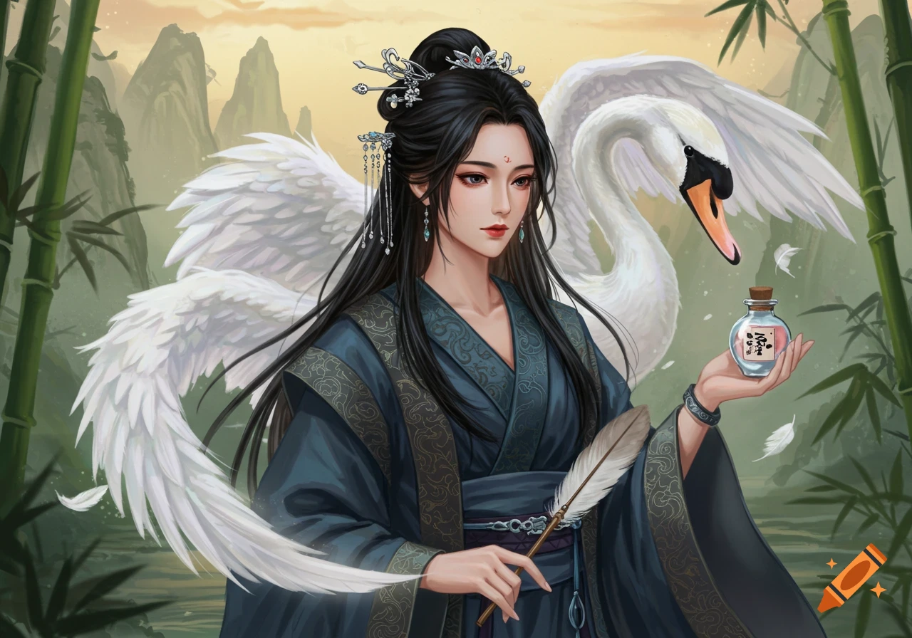 A fantasy illustration of a woman in traditional Chinese attire holding a feather and a potion, with a white swan behind her. Mountains and bamboo are in the background.