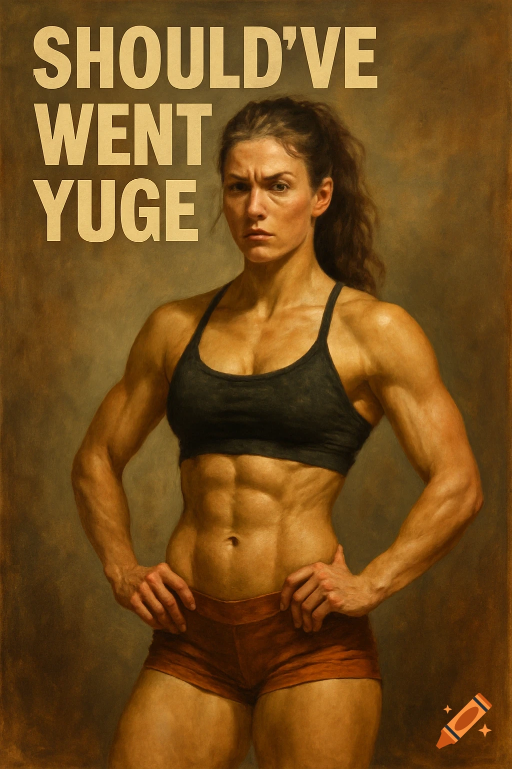 Muscular woman in a black sports bra and red shorts, with the text 'SHOULD'VE WENT YUGE' above her, in a painterly style.