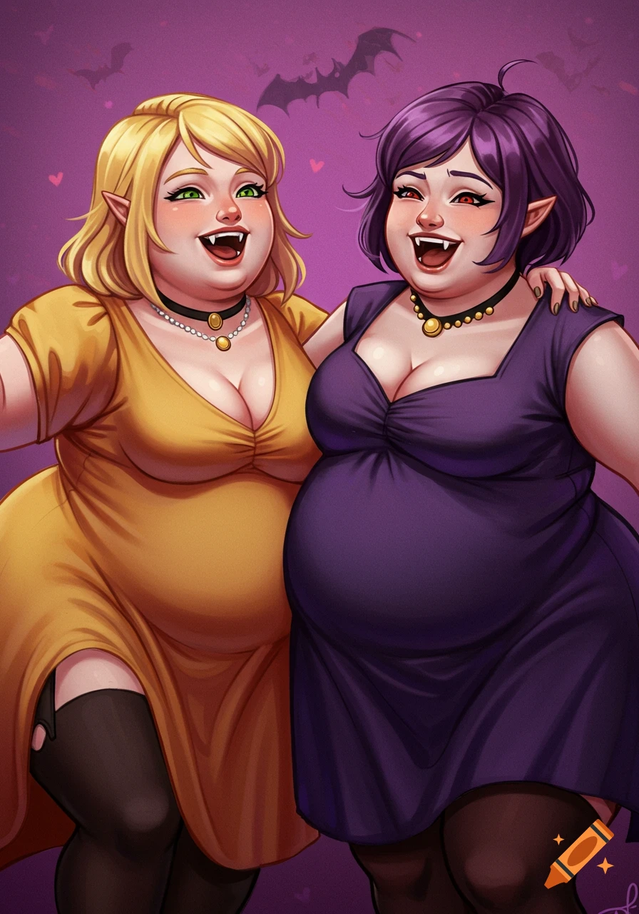 Two cheerful, chubby female vampires with fangs and pointed ears, one blonde in yellow, one purple-haired in purple, laughing. Cartoon.
