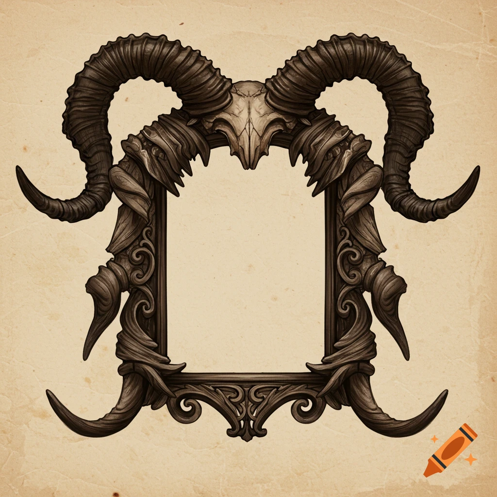 A vintage gothic frame made of dark, swirling goat horns and a skull at the top, against a parchment-like background.