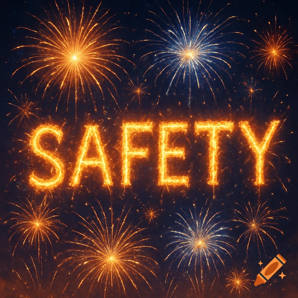 The word SAFETY spelled out in glowing orange and yellow fireworks against a dark night sky filled with many bursts of orange and blue fireworks.