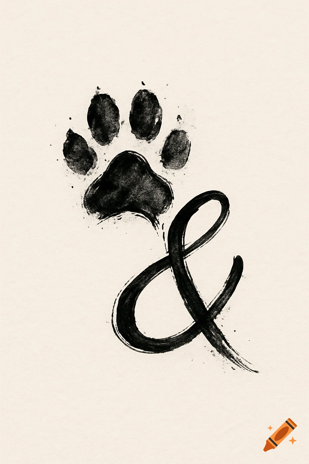 A black brushstroke paw print and an ampersand on a light background, designed as a tattoo.