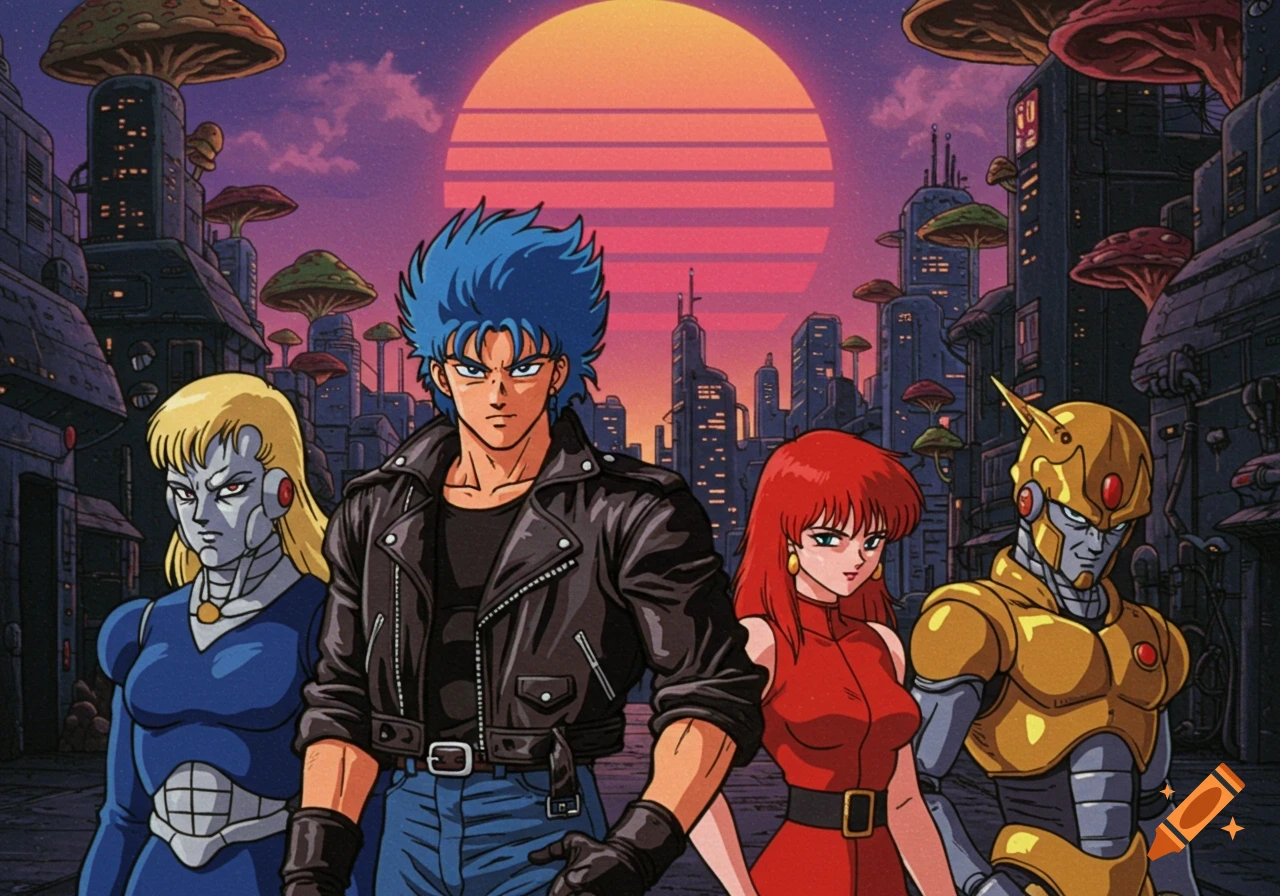 Four anime characters stand in a cyberpunk city with mushroom buildings under a vibrant sunset, in a retro art style.