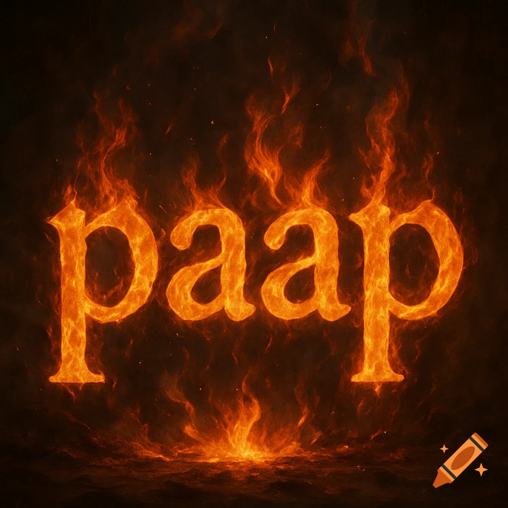 The word 'paap' rendered in bright orange flames against a dark, smoky background.
