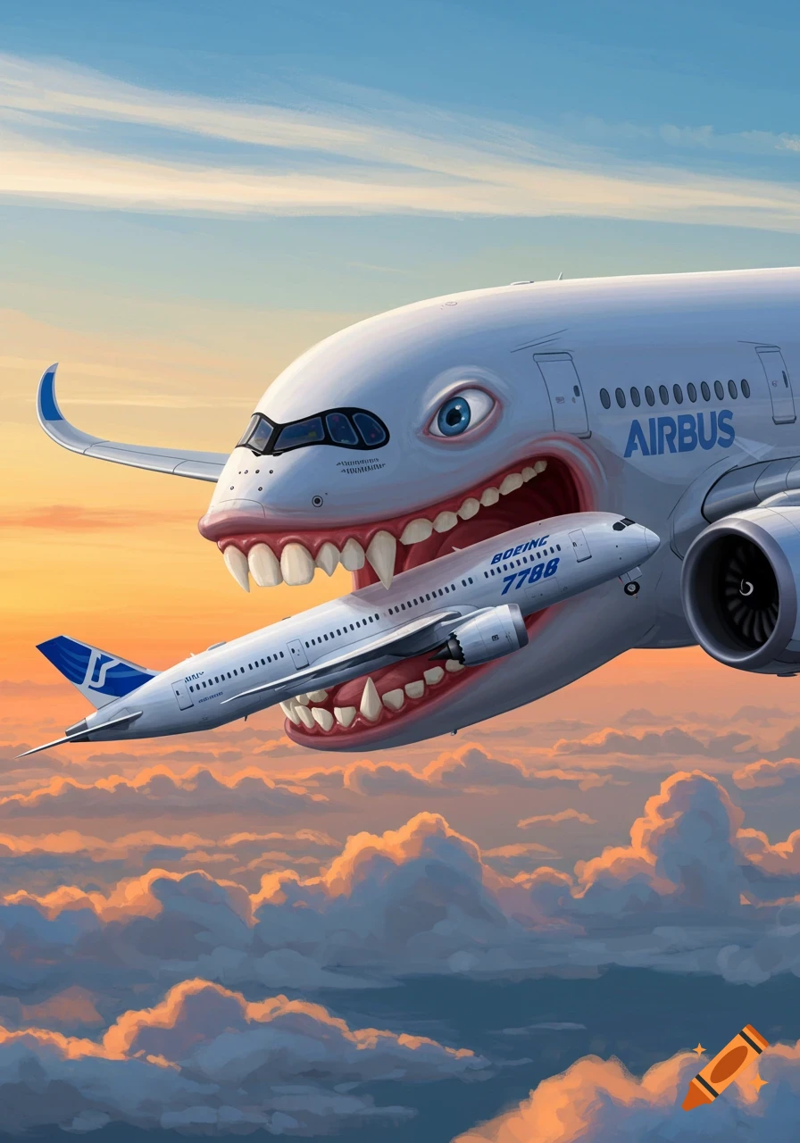 A cartoonish white Airbus airplane with large teeth and an eye consumes a smaller white Boeing 7788 airplane amidst a vibrant sunset sky and clouds.