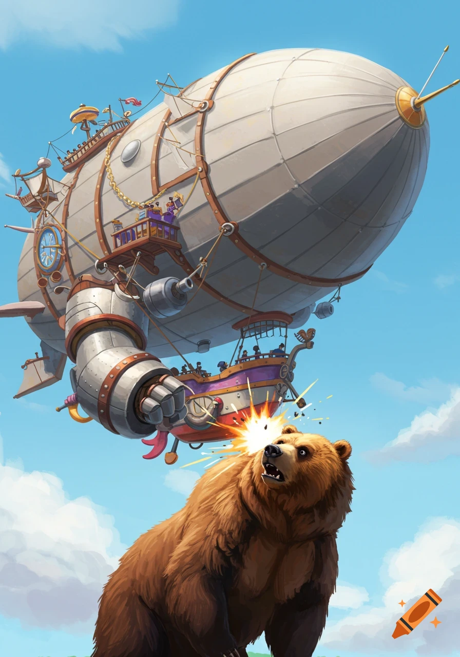 A steampunk zeppelin with a mechanical arm punches a surprised bear in the head against a blue sky.