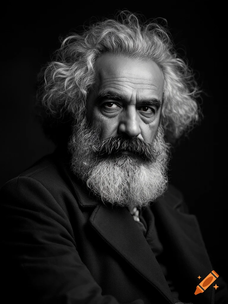A photorealistic black and white portrait of a man with a large beard and curly hair, resembling Karl Marx.