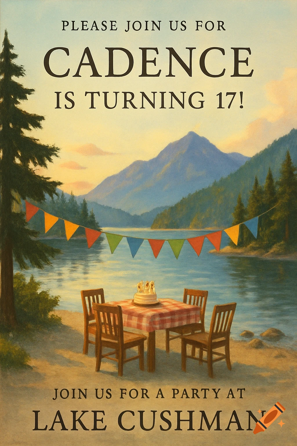 A vintage painting of a birthday invitation for Cadence's 17th birthday at Lake Cushman, featuring a lakeside party scene.