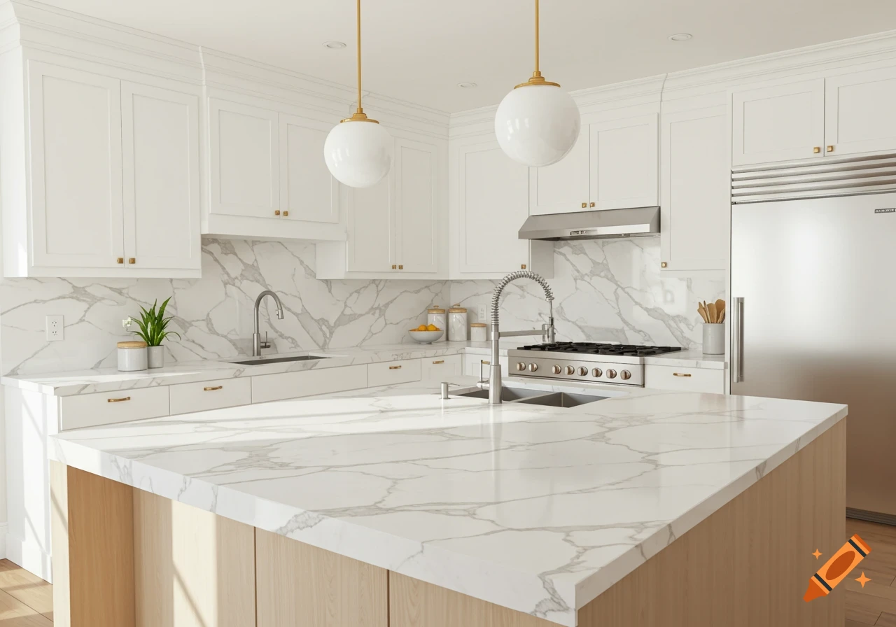A bright, modern luxury kitchen featuring white marble countertops and backsplash, white cabinetry, and a light wood island.