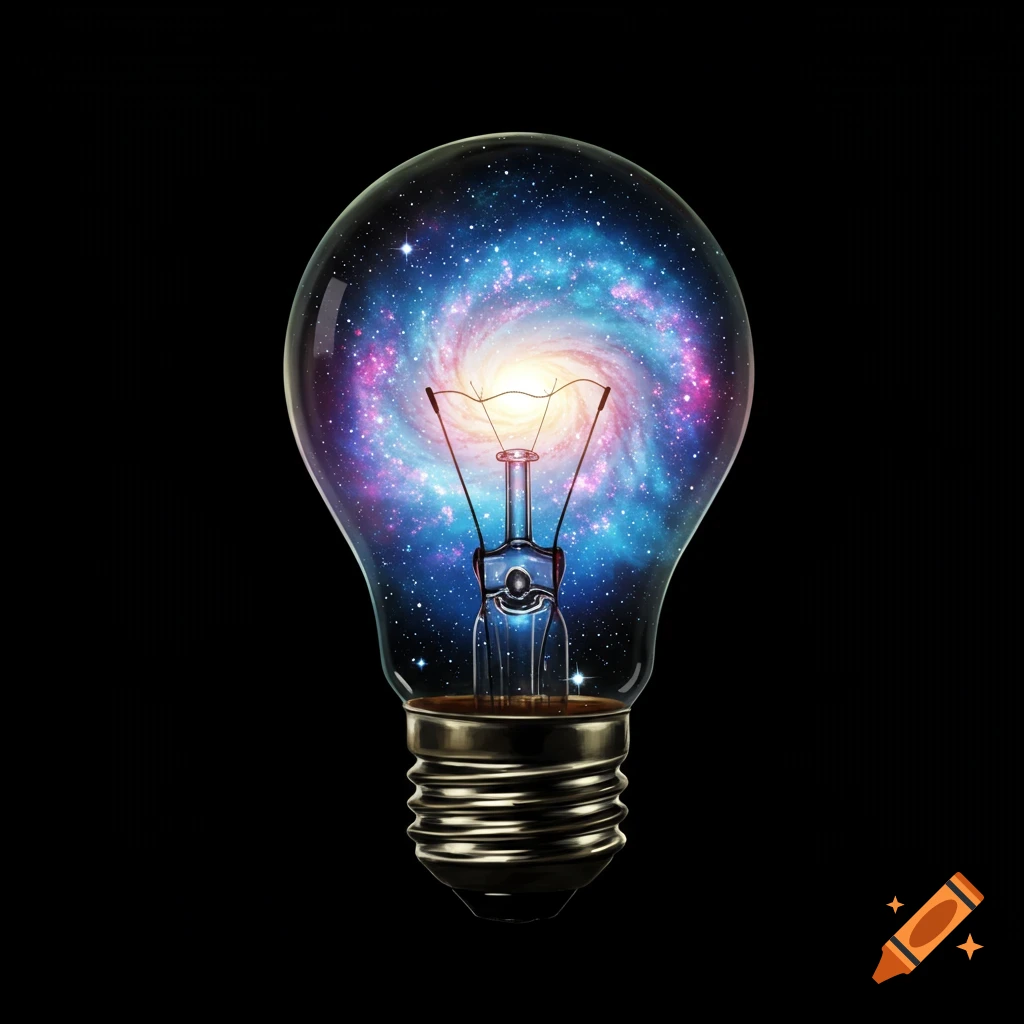 A light bulb containing a bright, colorful spiral galaxy and stars against a black background.