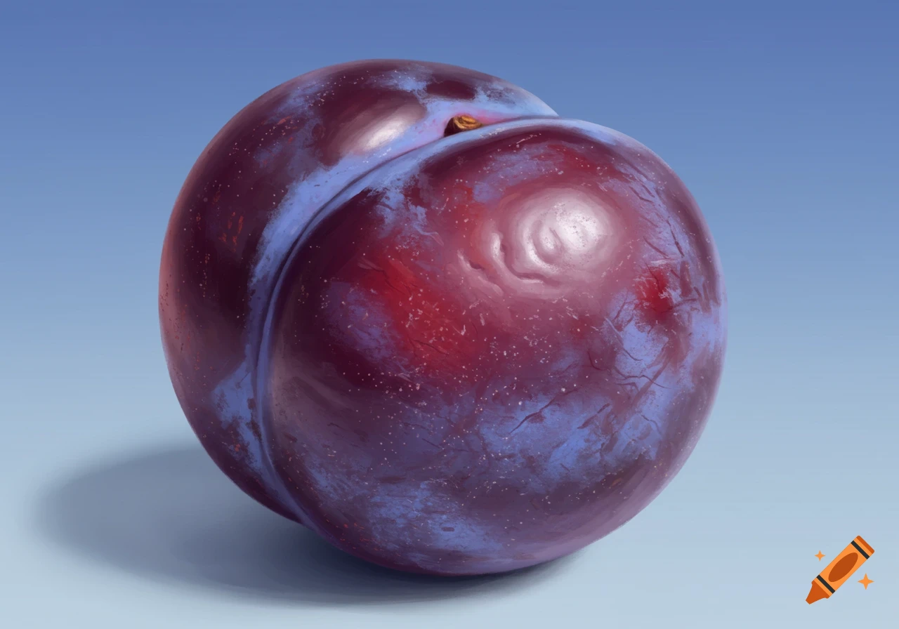 A single ripe purple and red plum with a distinct seam and textured skin sits on a blue background in a photorealistic style.