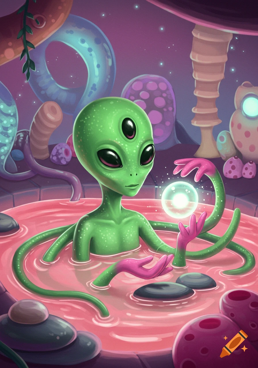 A green three-eyed alien with pink hands relaxes in a pink liquid bath, holding a glowing orb in a whimsical alien landscape.