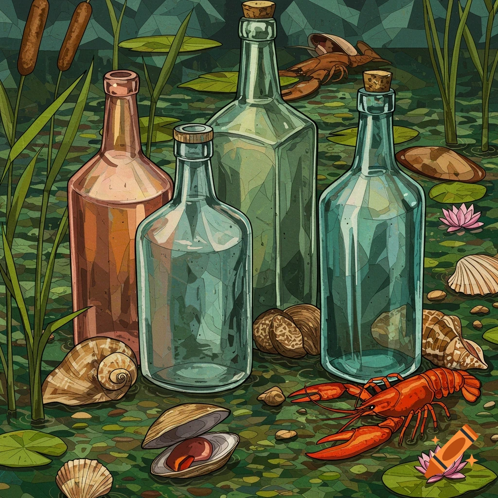 A cubist-style illustration of vintage bottles, a lobster, clams, and seashells in a swampy pond with lily pads and cattails.
