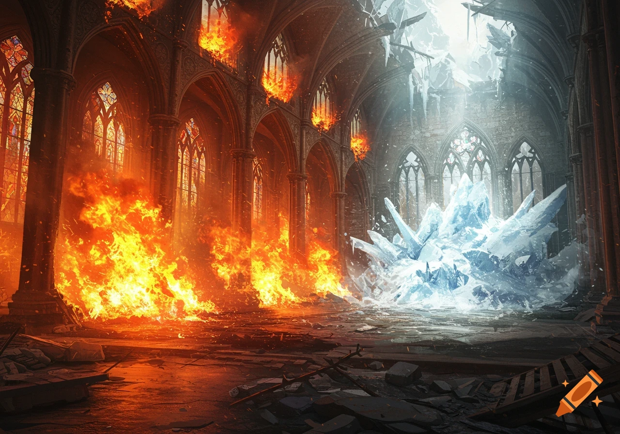 A grand gothic castle hall split between raging fire and sharp ice shards, depicting an elemental battle.