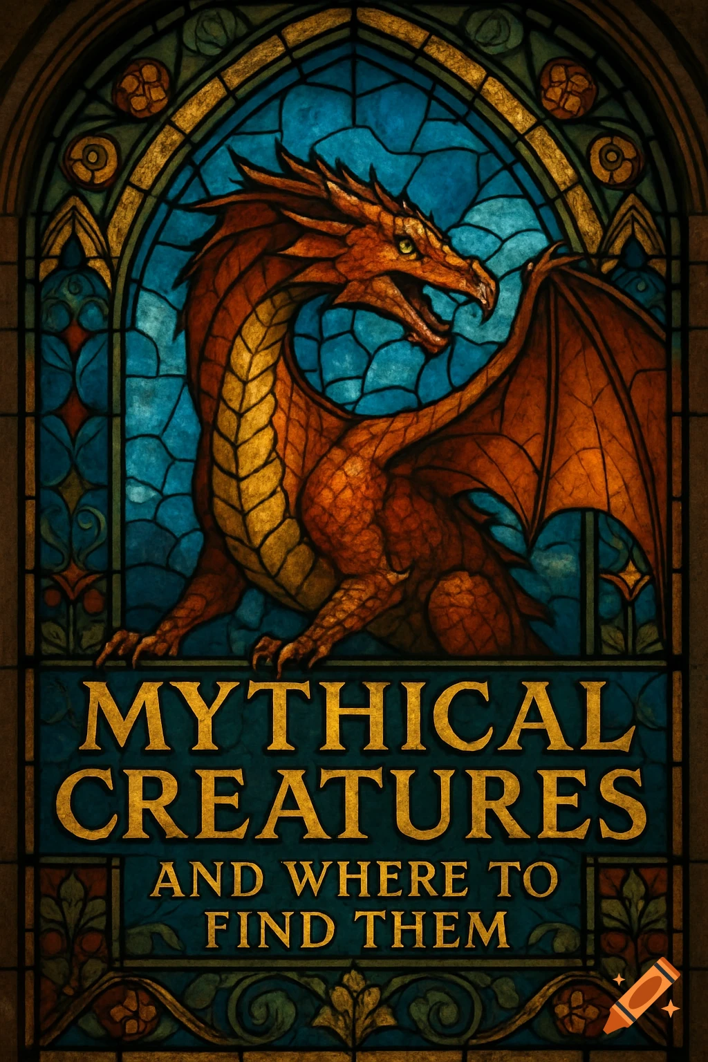 A vibrant stained glass window features an orange and yellow dragon, with the gold text 'Mythical Creatures and Where to Find Them' below it.