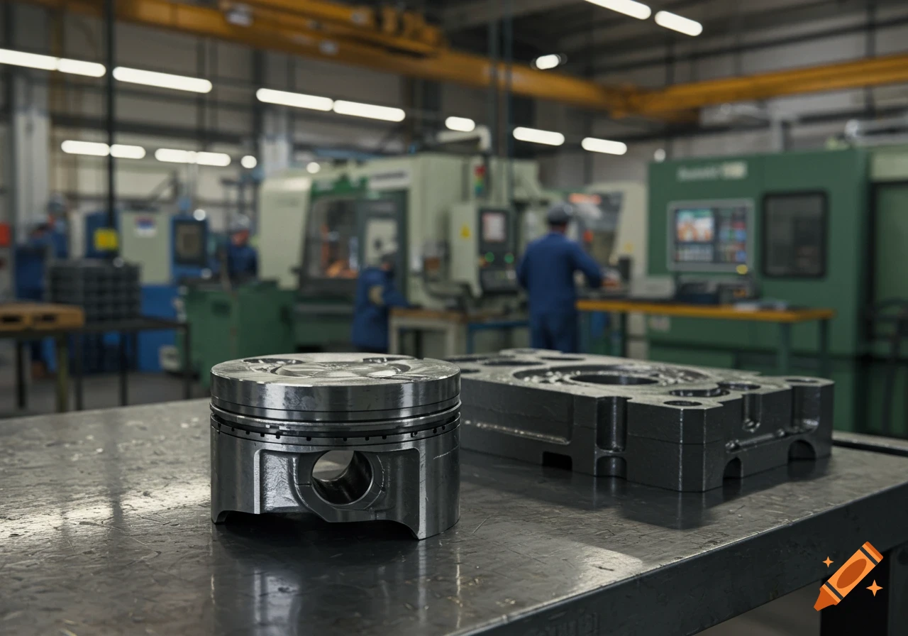 A close-up of a metal piston and another metal part on a table in a manufacturing factory, with blurry workers and machinery in the background.