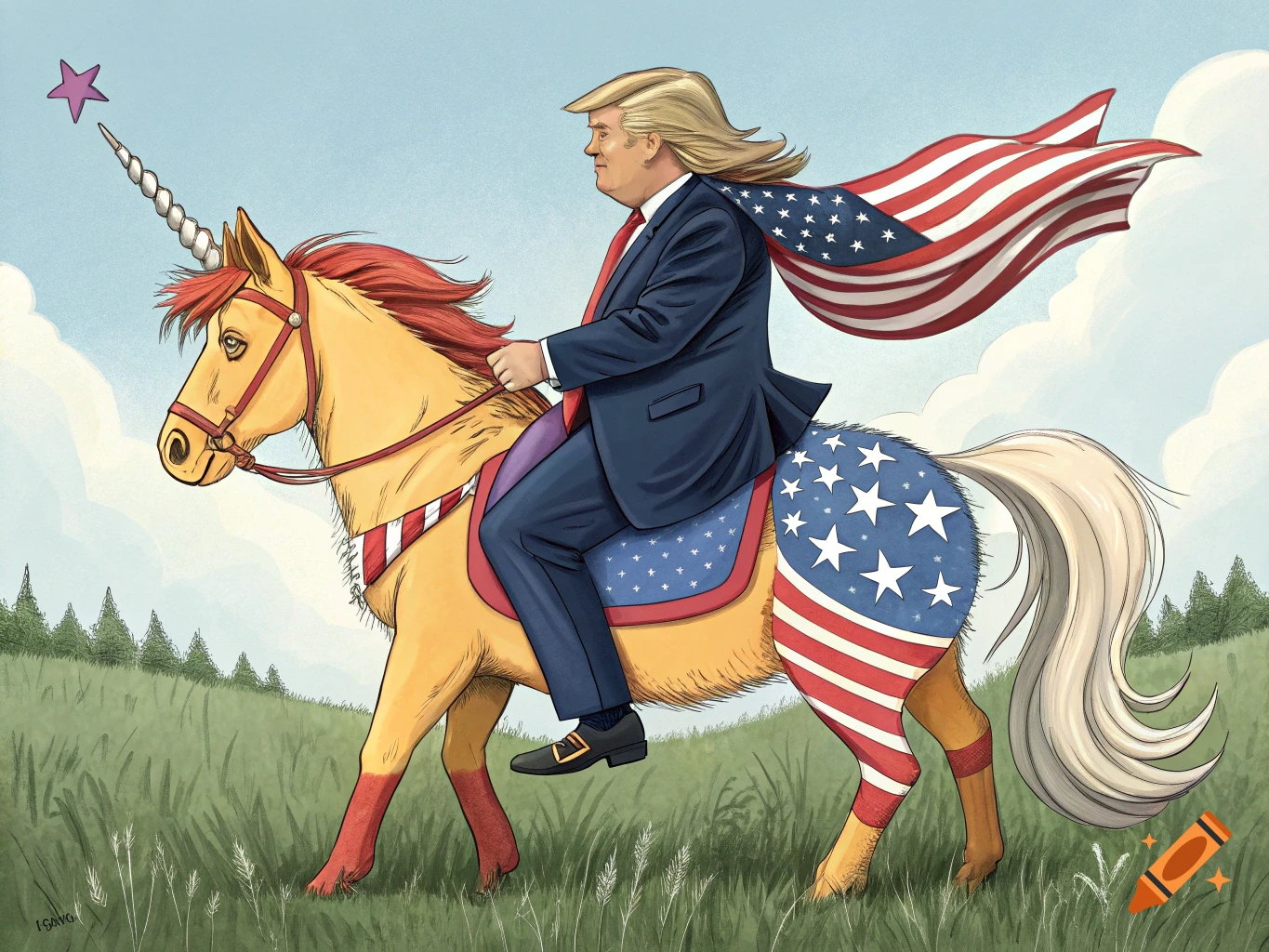 Illustrated caricature of Donald Trump with long blonde hair riding a patriotic unicorn through a grassy field.