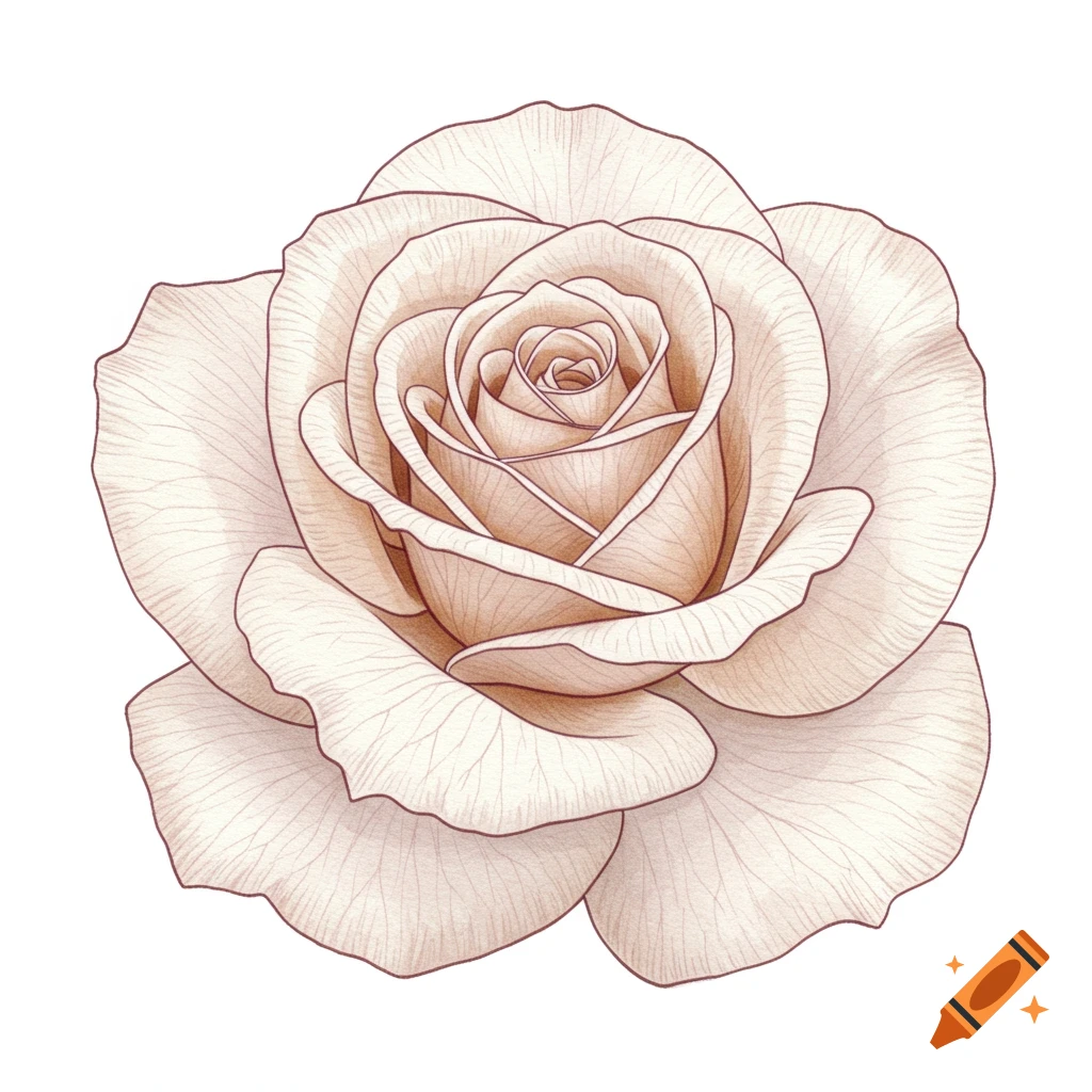 A detailed outline drawing of a white rose with subtle reddish-brown watercolor shading on a white background.