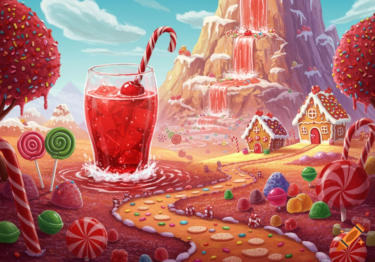 Vibrant fantasy landscape of Candyland with a giant glass of cherry soda, candy waterfalls, gingerbread houses, and various sweets.