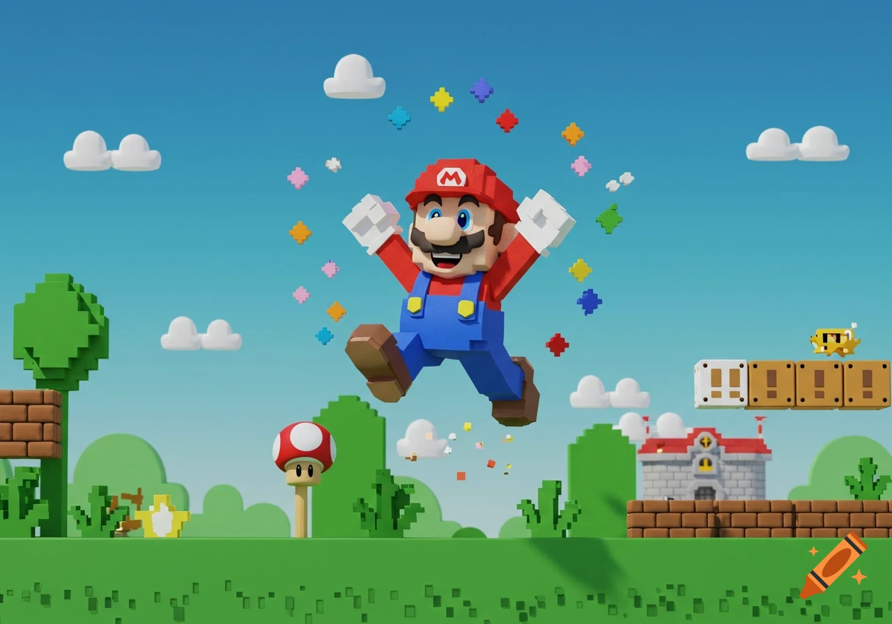 Blocky Super Mario jumps happily in a colorful pixelated level with clouds, trees, and question mark blocks.