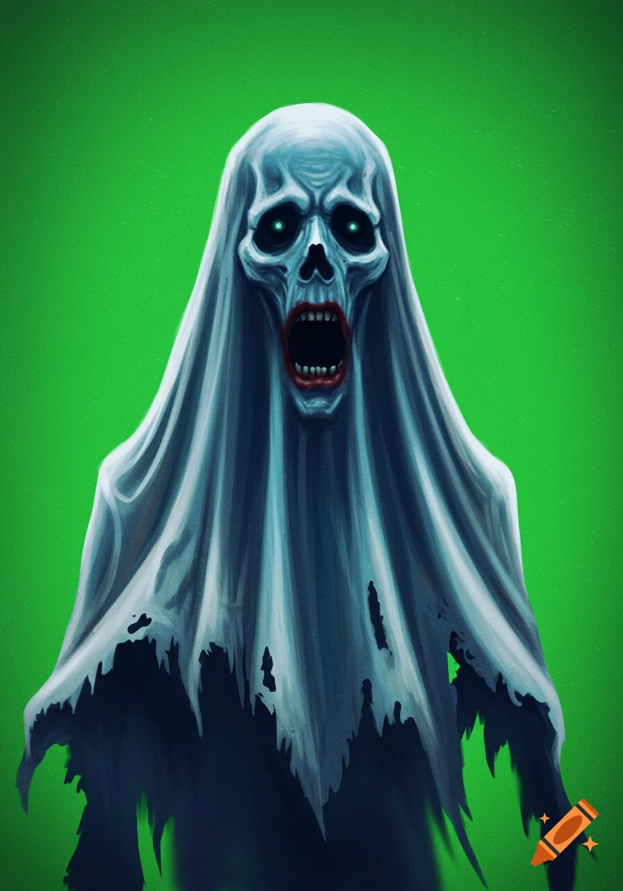 A scary ghost with glowing green eyes and an open screaming mouth, draped in a tattered white and blue shroud, against a vibrant green background.