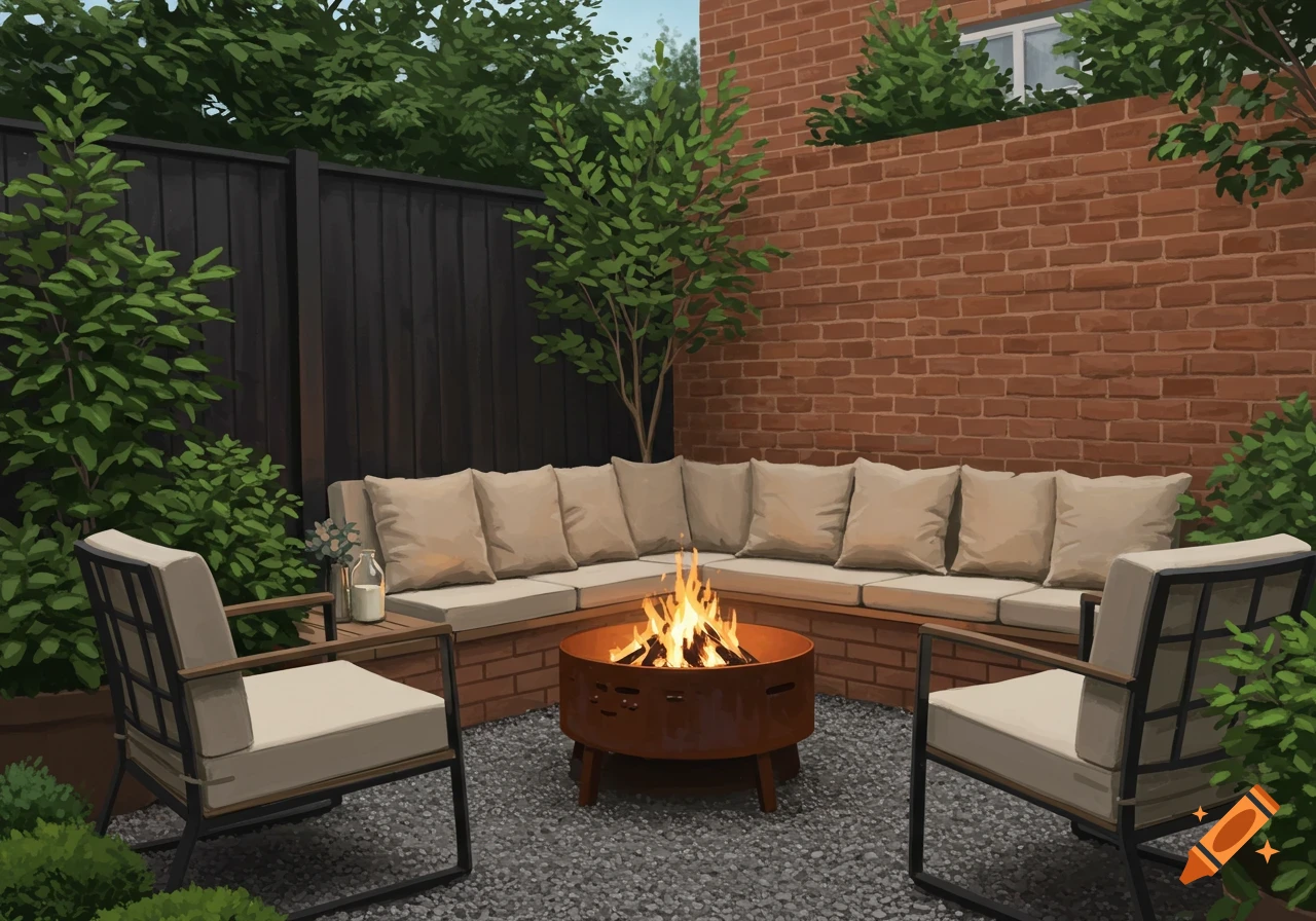 A cozy illustrative backyard with a burning firepit, curved bench, and armchairs on gravel, bordered by brick and black fences with lush plants.