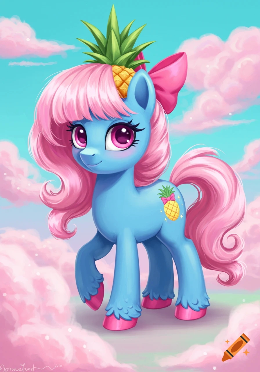 A cute blue pony with pink curly hair, a pineapple on its head, and a pineapple cutie mark stands in a pink cloud sky.