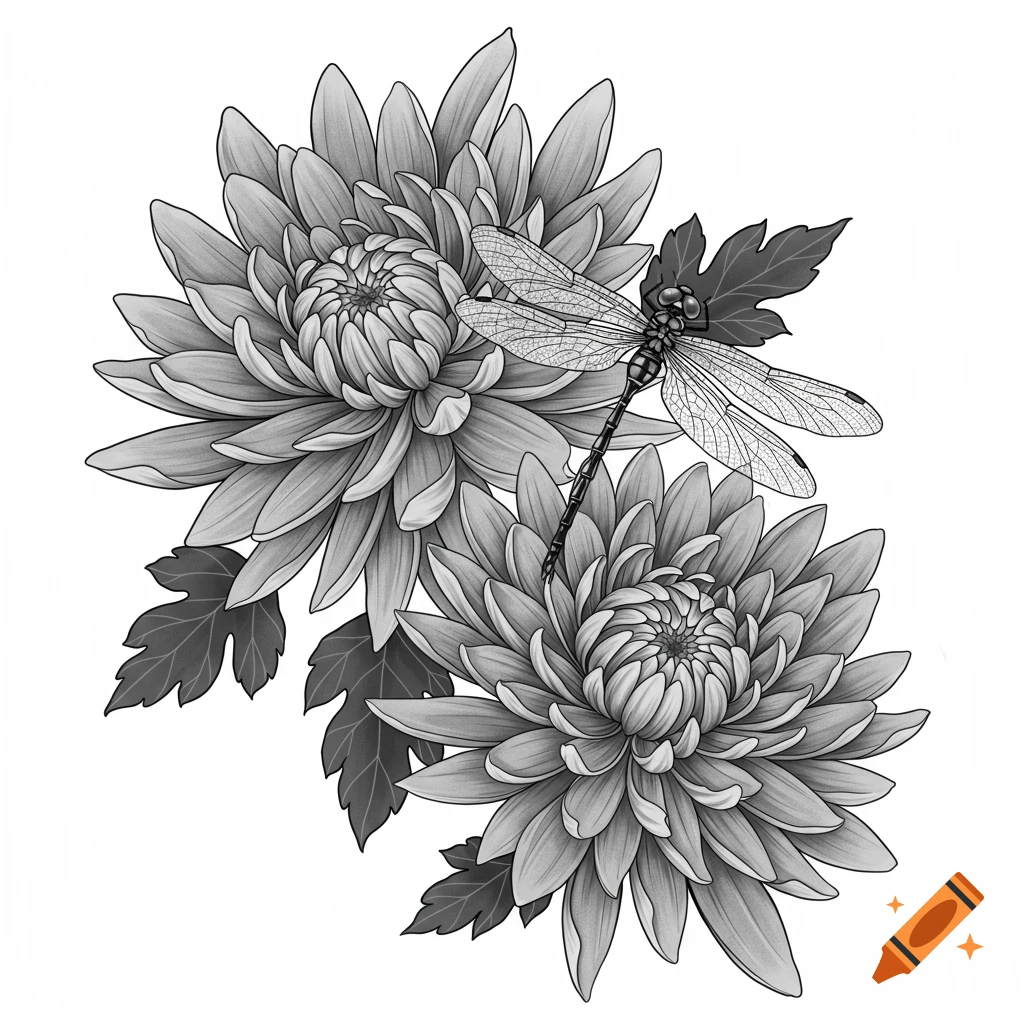 Black and gray drawing of two chrysanthemums with a dragonfly hovering above them.