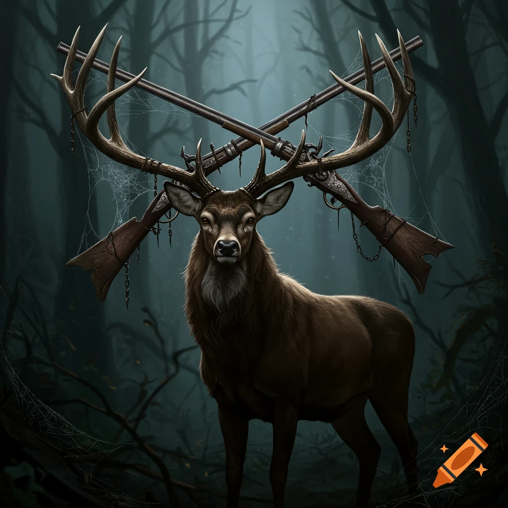 A majestic ten-point buck with crossed muzzle loaders in its antlers, adorned with cobwebs, standing in a dark, misty forest.