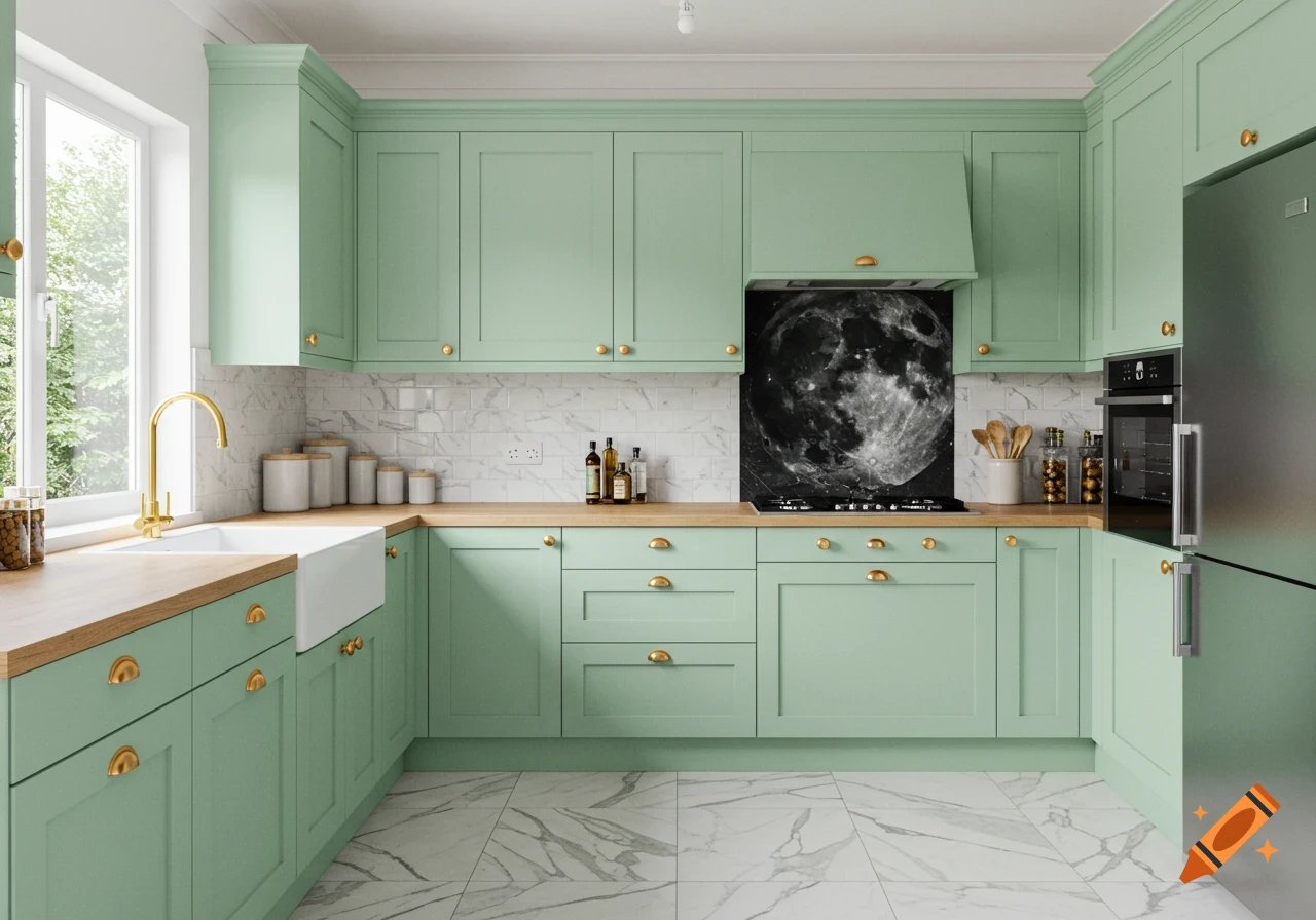 A modern kitchen with mint green cabinets, wood countertops, gold hardware, white marble floors, and a black and white moon backsplash.