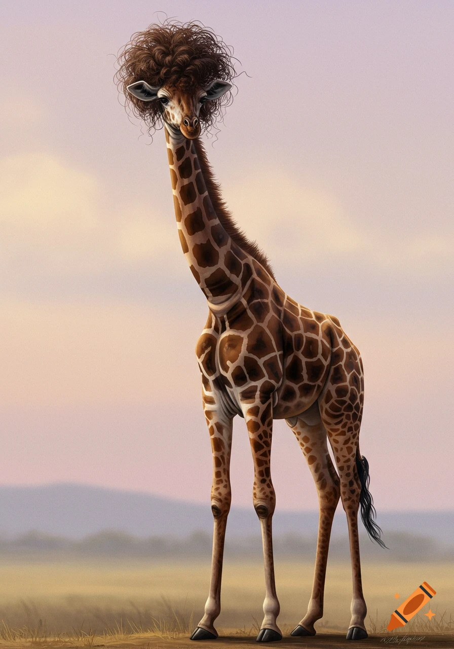 A realistic giraffe with a large, messy brown afro stands in a grassy field against a pastel sunset sky.