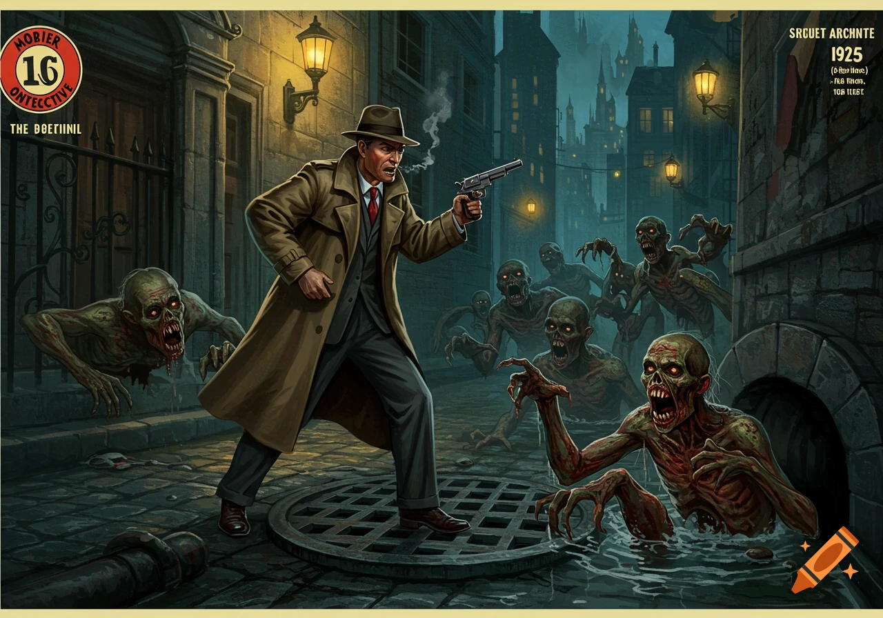 A 1920s-style detective in a trench coat and fedora, holding a smoking pistol, confronts a horde of green-skinned ghouls emerging from a sewer in a dark, atmospheric city street.