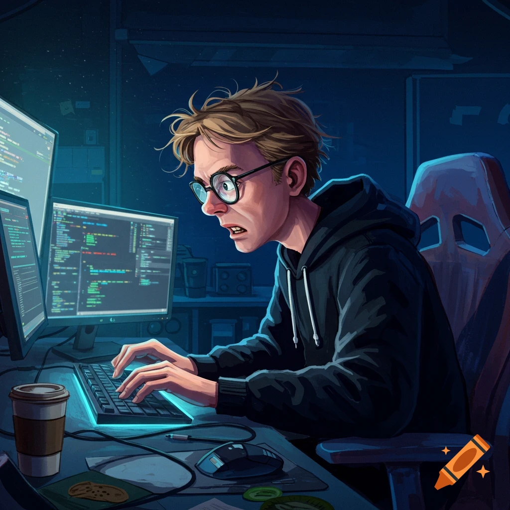 An illustrated programmer with glasses and a hoodie intensely types on a keyboard in a dark room with multiple glowing computer monitors.