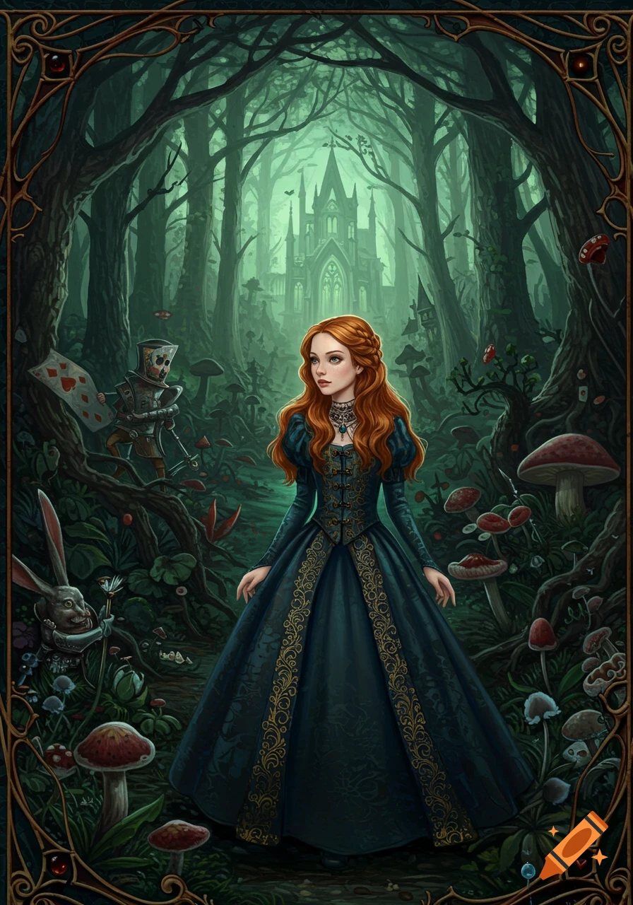 A red-haired woman in a gothic dress stands in a dark fantasy forest with a card soldier, white rabbit, mushrooms, and a castle in the background.