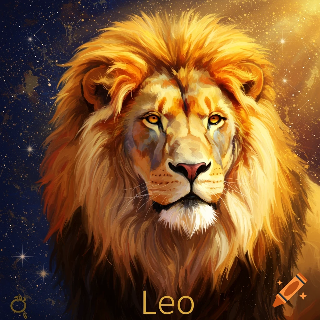 A vibrant illustration of a majestic golden lion with a flowing mane, set against a dark starry sky. The word 'Leo' is written below.