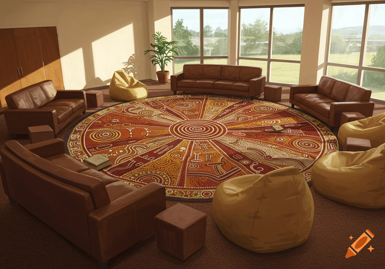 A circular study space with brown leather couches and bean bags surrounding a round rug with warm-toned Aboriginal Australian designs under large sunlit windows.