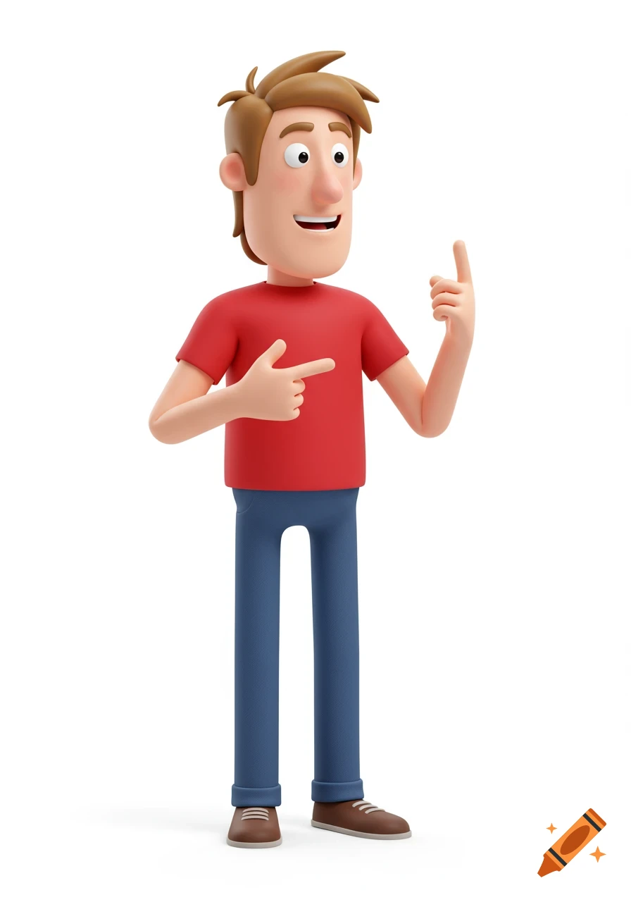 A 3D cartoon man in a red t-shirt and blue pants points at himself with one hand and gestures upwards with the other.
