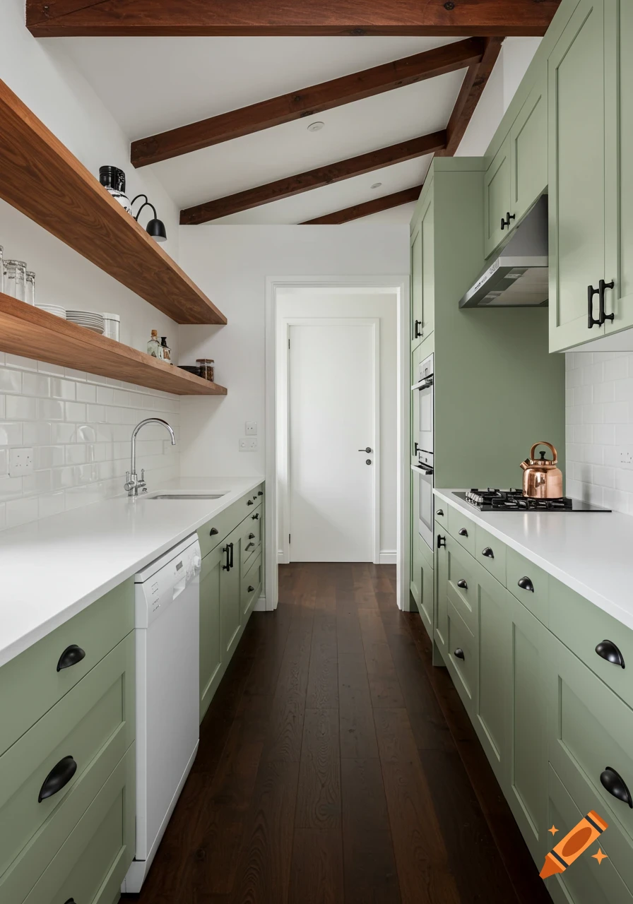 A narrow, modern kitchen with sage green cabinets, white countertops, and dark brown wooden floorboards. Brown timber beams cross the ceiling, and wooden shelves display dishes above a sink.