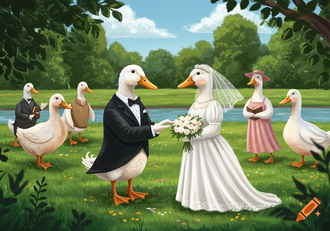 An illustration of anthropomorphic ducks having a wedding outdoors. A groom duck in a suit and a bride duck in a white dress exchange vows in a grassy park by a river.