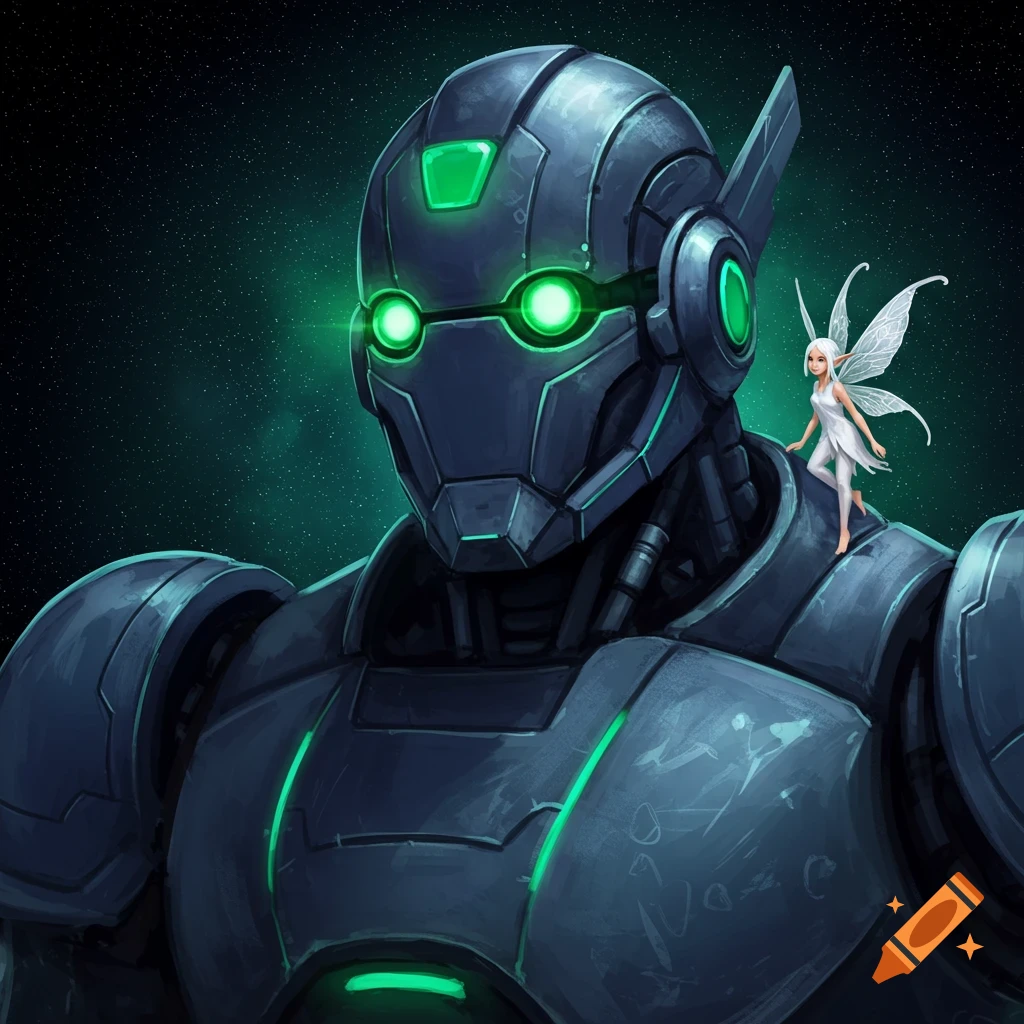 A large, dark grey robot with glowing green eyes and green lights on its body stands against a starry background. A tiny white-haired fairy with white wings is perched on its right shoulder.