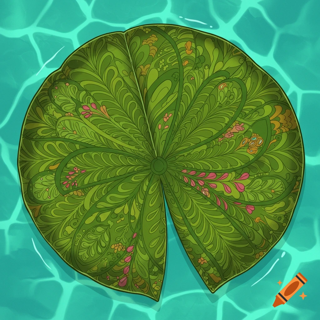 A top-down view of a green lily pad with intricate decorative patterns, floating in bright blue water.