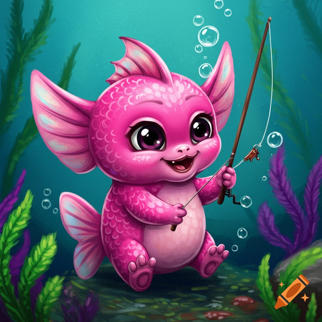 A cute pink cartoon creature with large ears and a fish tail sits underwater, holding a tiny fishing rod with a worm on the hook.