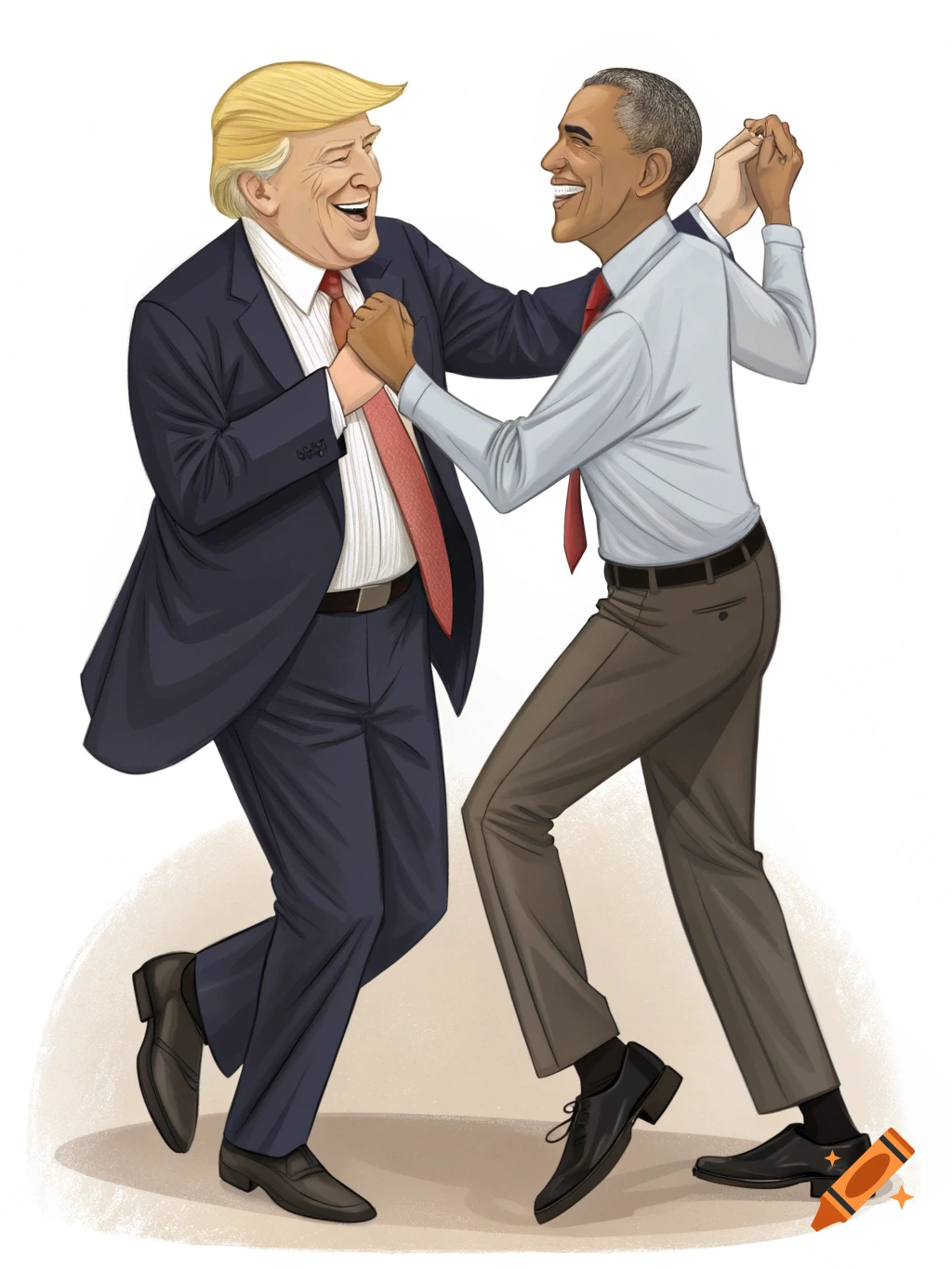 Cartoon illustration of Donald Trump and Barack Obama happily dancing together.