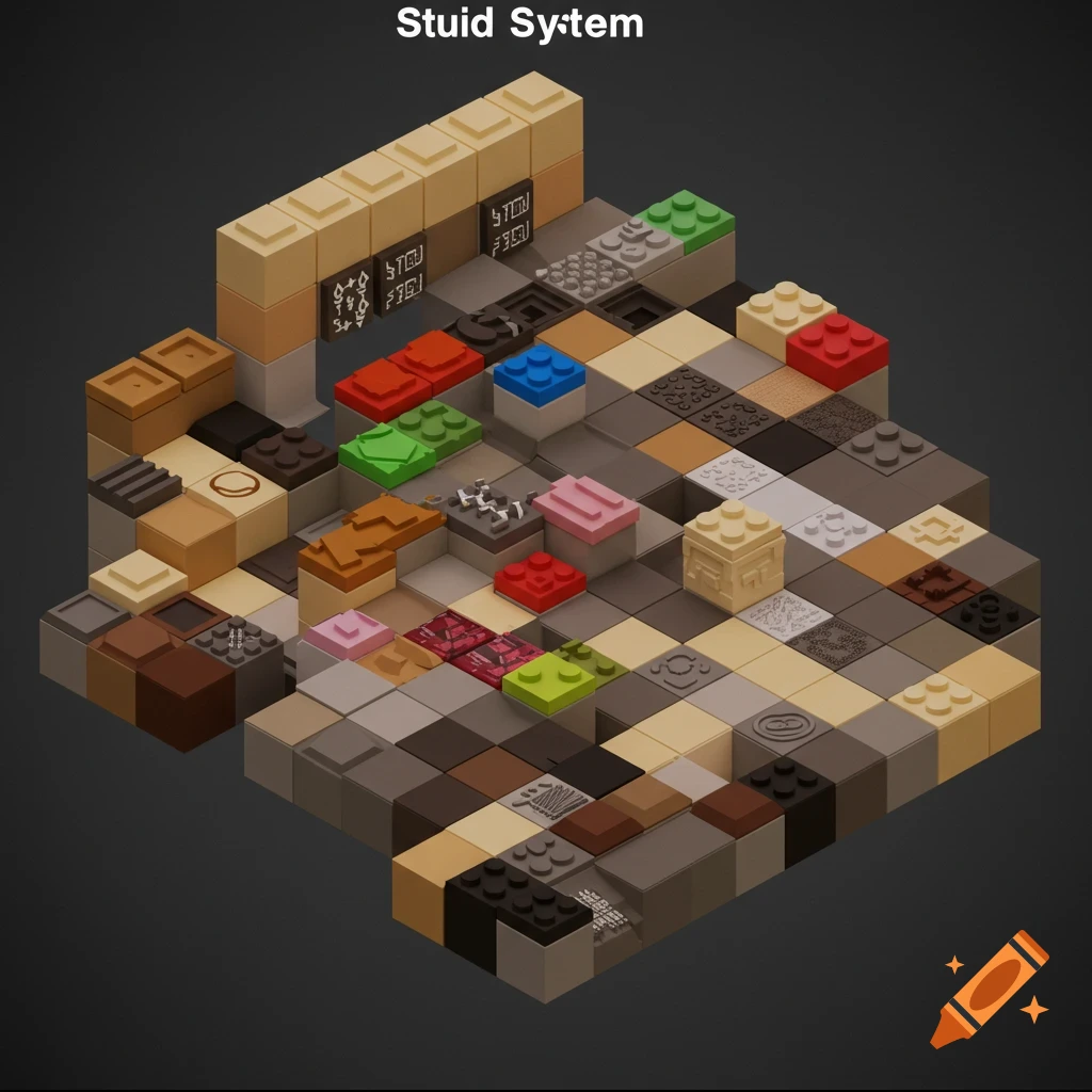 Isometric 3D render of colorful building blocks resembling a stud system, against a dark background.