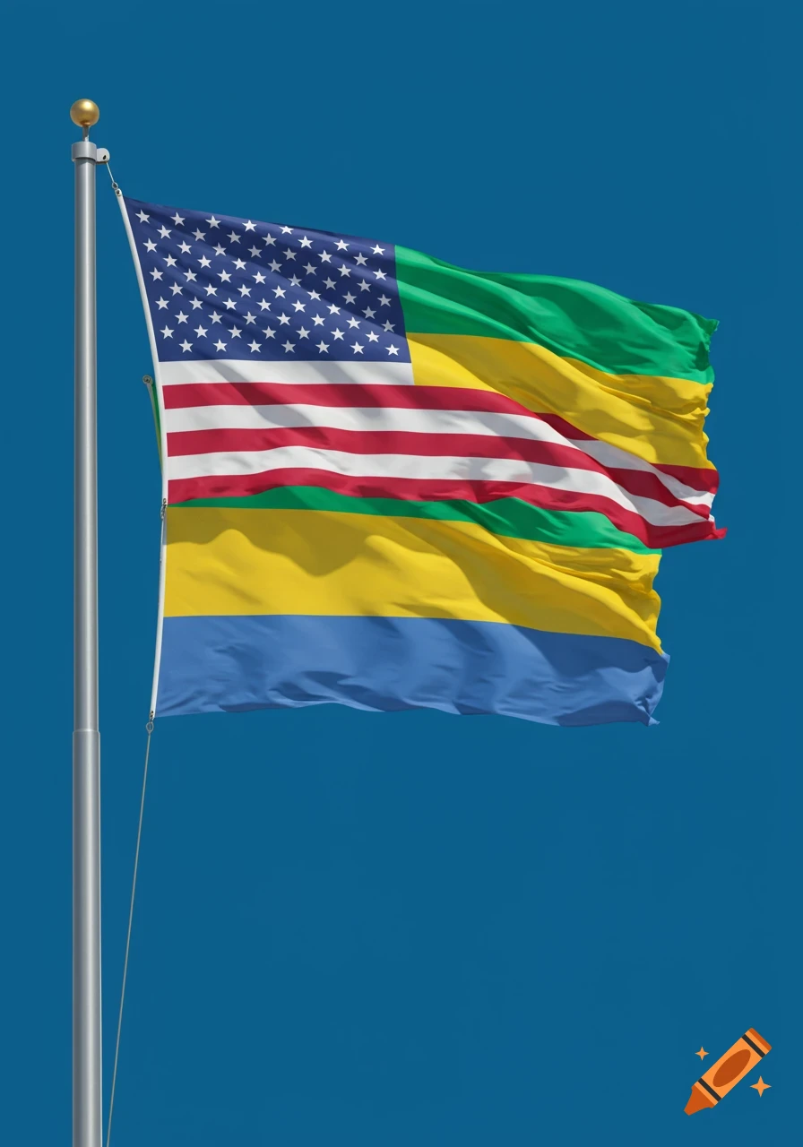 A combined flag of the United States and Gabon waving against a clear blue sky, attached to a flagpole.