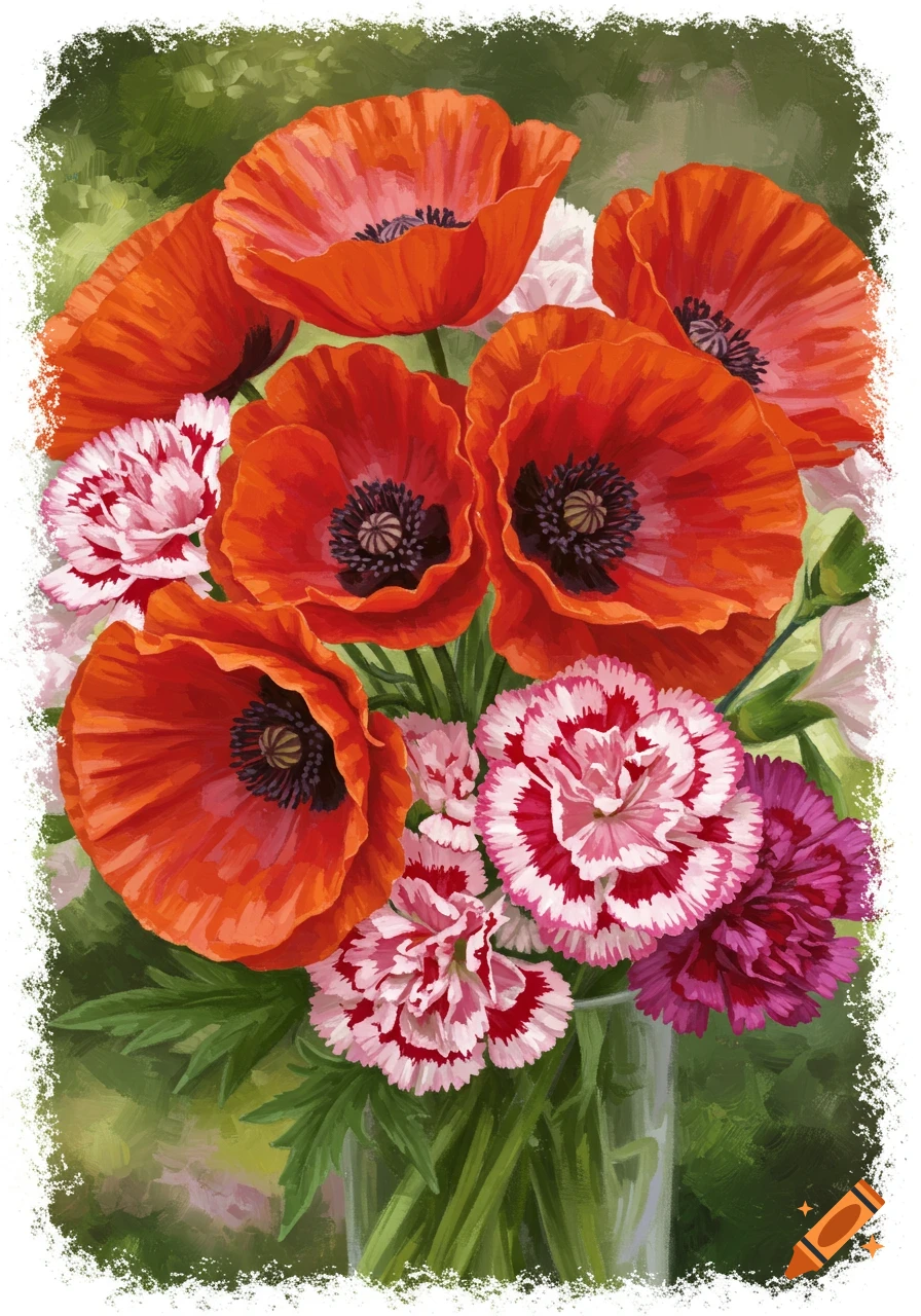 Drawing of a vibrant bouquet of red poppies and pink and white carnations in a clear vase.