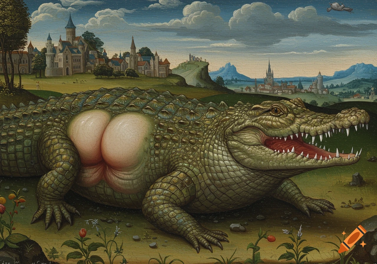 A grotesque medieval painting of a crocodile with human buttocks on its underside, lying in a field with a castle in the background.