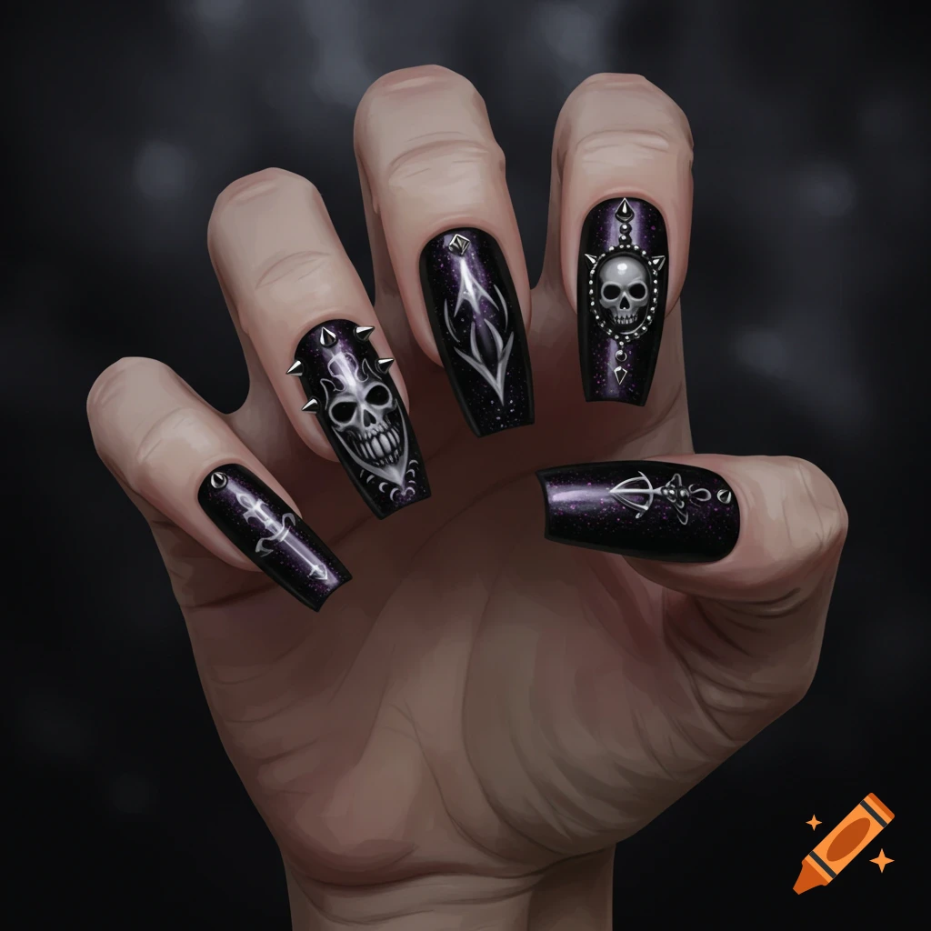 A hand displays long coffin-shaped nails with dark glitter polish, skull designs, and spikes.