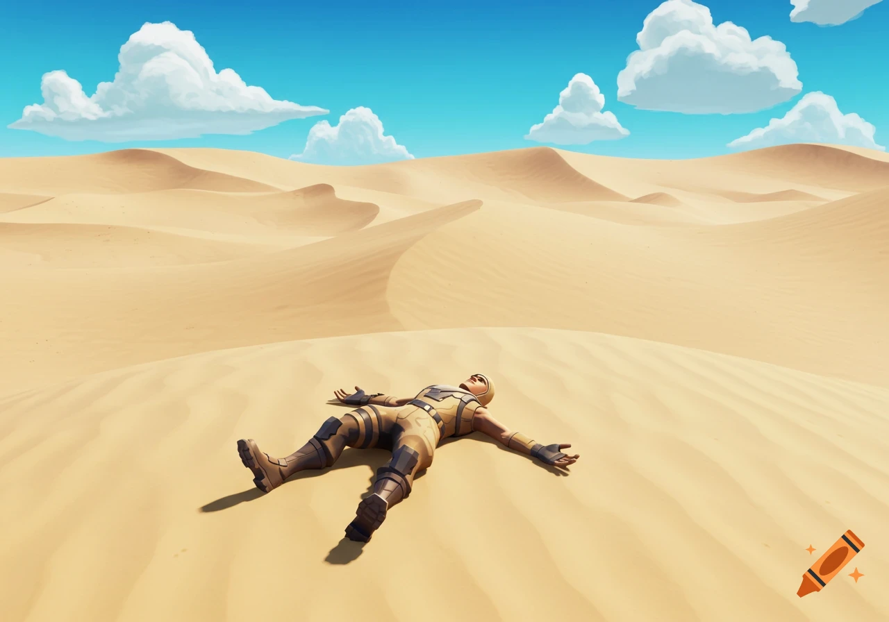 A stylized character in a beige suit lies spread-eagled on vast sand dunes under a blue sky with white clouds.